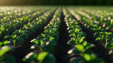 Rows of green crops in a field under sunlight