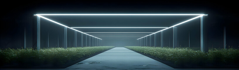 Night path, neon lights, plants, futuristic