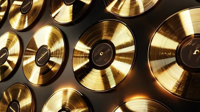 Multiple golden vinyl records are mounted on a dark wall, signifying awards and success in the music industry