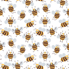 Seamless pattern, cute funny bees on a white background. Children's textiles, print, kids bedroom decor