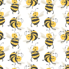Fototapeta premium Seamless pattern, cute funny bees on a white background. Children's textiles, print, kids bedroom decor