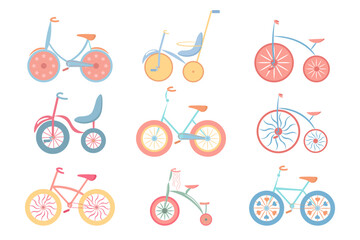 Naklejka premium Set of drawn bicycles in retro style. Pastel colors. Illustration,