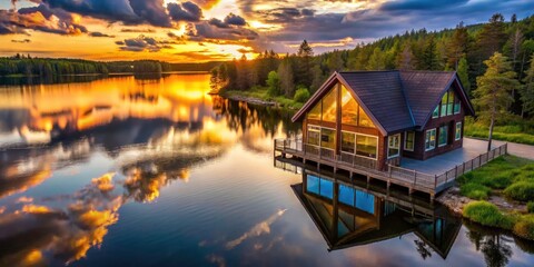 Fototapeta premium Lakeside Cabin Retreat: Stunning Drone View of Serene Lake & Picturesque Getaway