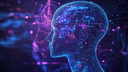 Futuristic 3D Rendered Human Head with Artificial Intelligence Neural Network, Glowing Blue and Purple Digital Background, Abstract Sci-Fi Design with Colorful Light Lines.