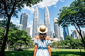 Fototapeta premium a woman standing in a lush green park facing the iconic petronas towers in kuala lumpur una mujer de pie en un frondoso parque verde frente a las emblemáticas torres petronas de kuala lumpur