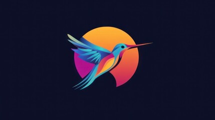 Vibrant hummingbird logo design, dynamic flight against a sunburst
