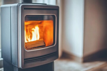 Modern Wood Burning Stove with Warm, Glowing Flames near Window