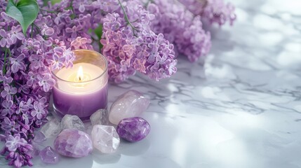 Lilac flowers, healing stones arranged on marble surface with candle. Relaxing spring-like scene for crystal rituals meditation. Aromatherapy reiki therapy ambiance. Esoteric spiritual practices.