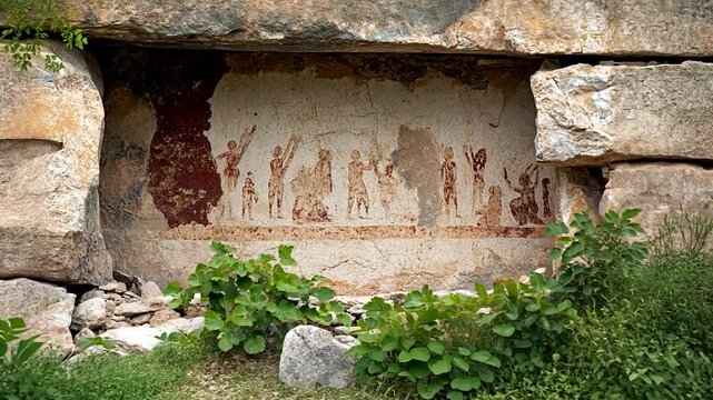 Ancient mural depicting human figures in dynamic poses amidst rocky landscape with greenery
