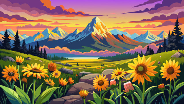 Balsamroot wildflowers bloom below the Teton Mountains during a colorful sunrise in Grand Teton National Park, Wyoming.