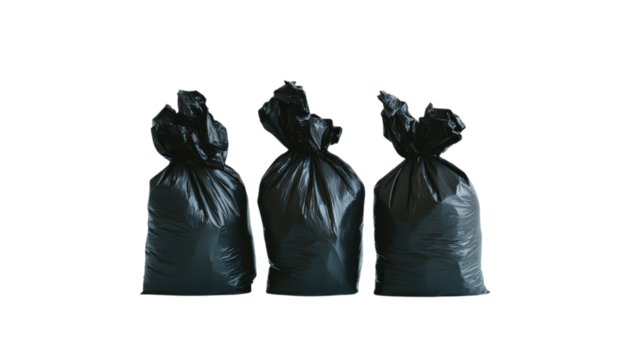 Black garbage bags filled with waste lined up against a clean white background in a neat arrangement for disposal purposes