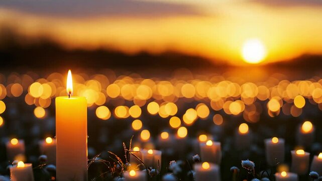 Candles glow on a dark evening during a memorial event, creating a peaceful and quiet atmosphere as the sun sets in the background