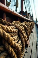 Obraz premium Weathered ropes piled high on a wooden ship deck, routes, maritime equipment
