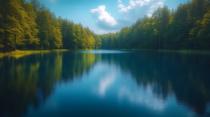 Fototapeta premium Scenic Lake View Surrounded by Lush Green Forest reflecting against a Clear Blue Sky with White Clouds Landscape.