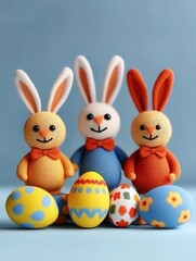 Obraz premium Three colorful crocheted bunnies stand with decorated eggs against a soft blue background, embodying a festive and playful atmosphere.
