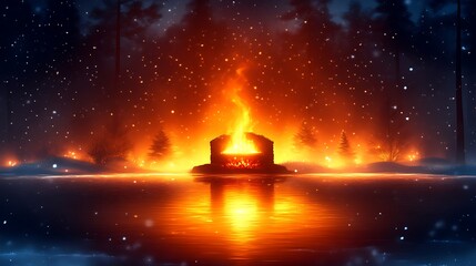 Fiery Winter Forest Bonfire Reflecting in Still Water
