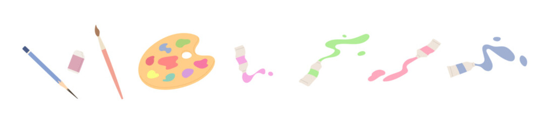 Bundle of Art Supplies isoleted on white backgroud. Drawing pencil, eraser, paintng brush, color palatte and colorful watercolor tubes. Illustration for Art school, art lesson, Artist, hobby.