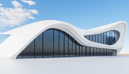 Fototapeta premium High-tech medical complex with large glass windows, curved exterior walls, and a spacious front plaza, futuristic hospital architecture