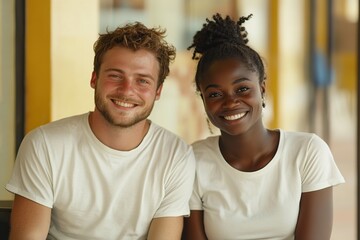 Fototapeta premium Couple enjoys a joyful moment together while sitting in casual t-shirts