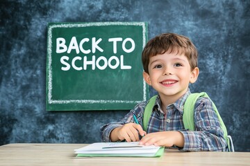 Schoolboy smiling while studying at a desk with a chalkboard in the background