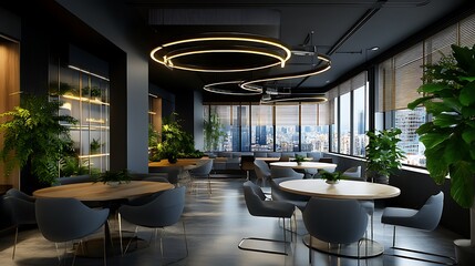 Fototapeta premium Modern Office Lounge: A 3D Render of a Sophisticated Urban Workspace AI Generated
