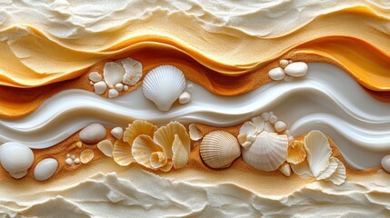 Coastal seascape art, textured layers of sand, shells, and waves
