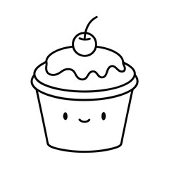 Adorable Cartoon Cupcake with Cherry Topping, Simple Line Art