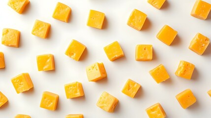 Cheddar cheese cubes isolated on a white