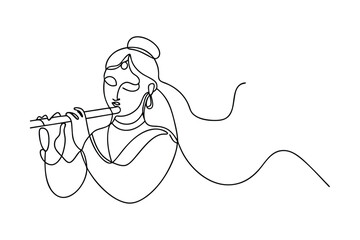 One Line Drawing of Krishna Playing a Bansuri Flute