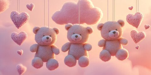 Adorable hanging teddy bears with heart decorations