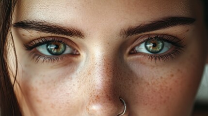 Fototapeta premium Close-Up Photo of Woman With Freckles and Intense Eyes Highlighting Natural Beauty and Confidence
