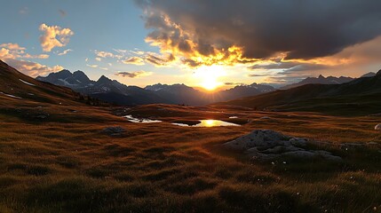 Golden Hour Sunset over Mountain Meadows: A Breathtaking Alpine Landscape AI Generated