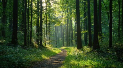 Lush green forest pathway with tall trees and soft sunlight filtering through leaves showcasing tranquil natural landscape Copy Space