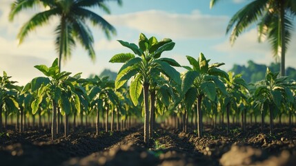 Naklejka premium Palm tree plantation under a blue sky