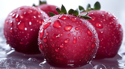Fresh red strawberries covered in water droplets on reflective surface