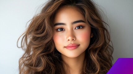 Fototapeta premium Portrait of a young woman with voluminous wavy brown hair, glowing skin, and soft makeup, smiling gently at the camera. She has well-defined eyebrows, subtle blush on her cheeks, and natural pink lips