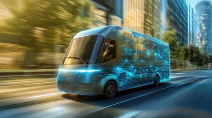 Obraz premium Electric delivery van in motion, eco-friendly logistics with blurred urban background showcasing sustainability.