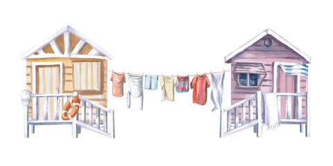Fototapeta premium Beach houses and drying laundry. Isolated watercolor illustration of everyday life scene for design of sea restaurants, menu, printing on t-shirts, postcards.