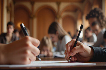 Student's Hand Holding Pen – Exam Scene in Classroom with Blurred Background for Education and School Content  