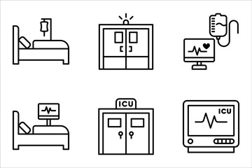 set of line icons related to ICU. Intensive Care Unit, monitors, ventilators, vector illustration on white background