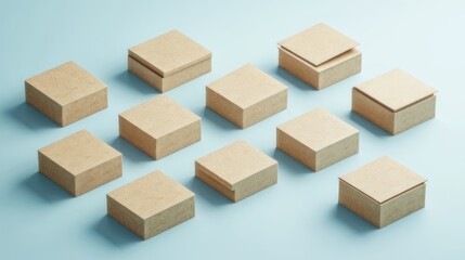 Fototapeta premium Organized, light beige cardboard boxes arranged in a grid pattern on a light blue surface