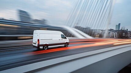 Fototapeta premium Speeding cargo van on a modern bridge, motion blur capturing the fast-paced world of transportation.