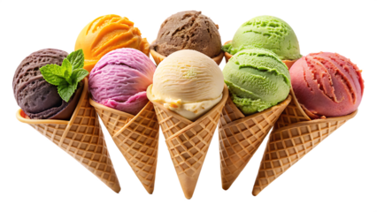 different sorts of ice cream scoop on waffle cone  isolated on white background.PNG