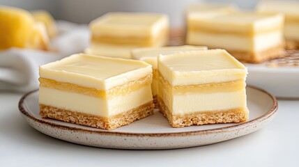 Close-up view of creamy lemon and vanilla layered bars showcasing their golden hue, resting on a rustic plate in a warm kitchen