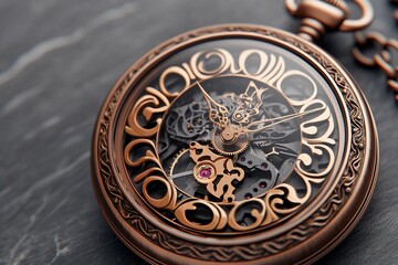 Fototapeta premium Vintage pocket watch with intricate gears on dark background.