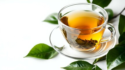 Glass cup of hot aromatic tea with leaves