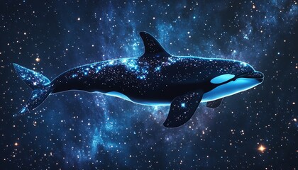 Orca with Starry Background Swimming Under Night Sky