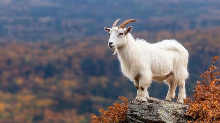 Obraz premium Bengal goat stands majestically on an alpine cliff, surveying a vibrant autumn valley with rivers and mountains in the distance