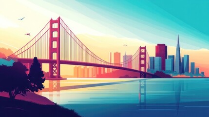 Vibrant cityscape with iconic bridge at sunset