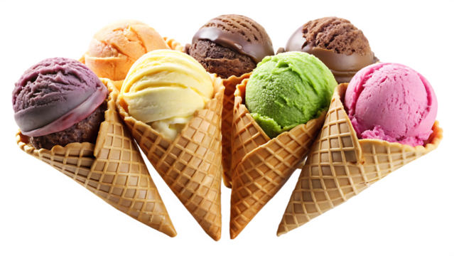  different sorts of ice cream scoop on waffle cone  isolated on white background.PNG